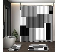 Tayney Juego de Cortina de Ducha geométrica Gris con Tapa de Inodoro y alfombras Antideslizantes para baño, Cortina de Ducha a Cuadros Negros y Blancos, Juego de baño Moderno Abstracto con 12 Ganchos
