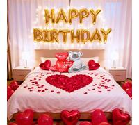 Tayuvira Juego de decoración de globos de cumpleaños, románticos globos de corazón con pétalos rojos, globo de papel de aluminio de oso de amor grande, decoración de cumpleaños para novio, novia