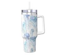 Taza aislada de acero inoxidable con asa y pajilla de 40 onzas con estampado de medusas de Ice Bully Acuarela, perfecta para viajes y deportes