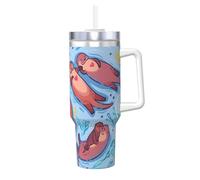 Taza aislada de acero inoxidable con asa y pajita, 1,134.0 g, diseño de animales de matón de hielo, color marrón, ideal para viajes y deportes