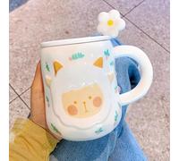 Taza Amarilla de Cerámica con Relieve Oveja, Tapa y Cuchara con Forma Flor, Botella Antigoteo, Vaso Bonito, Taza de Té Festiva Para Bebidas Frías y Calientes(White)