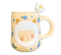 Taza Amarilla de Cerámica con Relieve Oveja, Tapa y Cuchara con Forma Flor, Botella Antigoteo, Vaso Bonito, Taza de Té Festiva Para Bebidas Frías y Calientes(Yellow)
