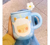 Taza Amarilla de Cerámica con Relieve Oveja, Tapa y Cuchara con Forma Flor, Botella Antigoteo, Vaso Bonito, Taza de Té Festiva Para Bebidas Frías y Calientes(Blue)