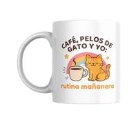 Taza “Café, pelo de gato y yo: morning routine” - Regalo divertido para cat lovers - Taza original de cerámica 330ml - Apta microondas y lavavajillas