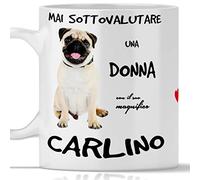 Taza Carlino para desayuno, té, té de hierbas, café, capuchino. Gadget taza Nunca subestimar a una mujer con un perro carlino. Idea regalo original