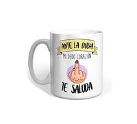 Taza cerámica con frase Mi dedo corazón te saluda. Taza divertida. Regalo. Amigo. Amiga. Aniversario. Cumpleaños. Navidad.