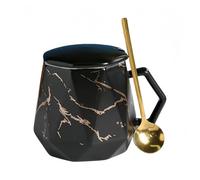 Taza CeramicaTaza De Café De Cerámica De 420 Ml Con Diseño De Mármol Y Corte De Diamante, Ideal Para El Hogar Y La Oficina, Con Tapa Y Cuchara, Caja De Regalo, Color Negro.