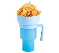 Taza con cuenco para aperitivos en la parte superior 2 en 1 en taza de bebida, a prueba de salpicaduras, a prueba de fugas, portátil, con tapa y popote para adultos, niños, viajes, cine, viajes,