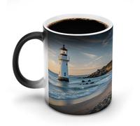 Taza con diseño de faro de playa que cambia de color y cambia de temperatura, de cerámica, negra, reactiva al calor, con mensaje que aparece al calentarse. Regalo ideal para un amigo o familiar.