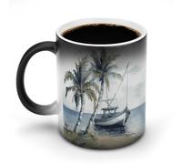 Taza con diseño de palmeras y barco pesquero que cambia de color y cambia de temperatura. Taza de cerámica negra reactiva al calor. Taza de té con mensaje que aparece al calentarse. Cumpleaños para u
