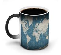 Taza con el mapa azul del mundo que cambia de color y cambia de temperatura. Taza de cerámica negra reactiva al calor. Taza de té con mensaje que aparece al calentarse. Cumpleaños para un familiar o