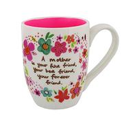Taza con texto en inglés"A Mother is Your First Friend" en una bonita taza floral para el día de la madre