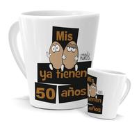 Taza Cónica 350 ML Con Purpurina Plata - Mis Huevos ya tiene 50 años - Sorpresa de 50 Cumpleaños | Mensaje Original en Cerámica | Para Café y Té | Feliz Cumpleaños Hombre