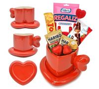 Taza Corazón XXL Premium para San Valentín con Plato · Regalo Dulce con Kinder Bueno, Ferrero Rocher, Haribo, Regalices, Piruleta Corazón y Corazones Rellenos · Taza de 400 ml · Listo para Regalar