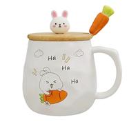 Taza de 400 Ml con Diseño Conejito y Cuchara Forma Rábano, Vaso Térmico Reutilizable para Café, Juego Tazas de Cerámica 3D con Diseño Adorable, Cumpleaños Para Amigos o Parejas(White)