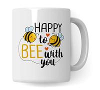 Taza de abejas Happy to Bee with you Taza de café Amor Pareja Regalo Relación Idea de regalo Bee Mug Amigos Taza de café Amistad Broma Sarcasmo Wortwitz (Blanco/Blanco)