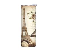 Taza de acero inoxidable de 20 onzas, diseño vintage de la Torre Eiffel de París, con aislamiento, con asa, tapa y popote, taza térmica portátil