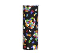 Taza de acero inoxidable de 20 onzas, rompecabezas de concienciación sobre el autismo, con estampado de corazón, vaso aislado con asa, tapa y popote, taza térmica portátil