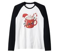 Taza de Cacao con bastón de Caramelo, Luces navideñas, Sombrero de Papá Noel, niños Camiseta Manga Raglan