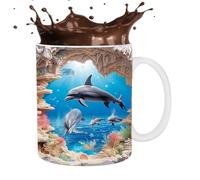 Taza de café 3D | Novedosas tazas planas pintadas en 3D | Tazas de café con decoración de delfines de 325 ml para amantes del té con leche, tazas de cerámica para mujeres y hombres