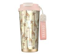 Taza de café aislada al vacío con estampado de jirafas dibujadas a mano de 18 onzas con popote y tapa, taza de viaje para bebidas frías y calientes