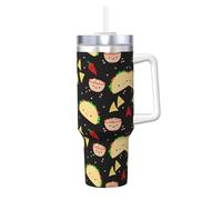 Taza de café aislada al vacío de doble pared de acero inoxidable con estampado de fiesta de martes de 40 onzas con popote y tapa, para café caliente y frío, taza de viaje con asa