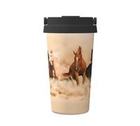 Taza de café aislada con estampado de caballo corriendo en el desierto y tormenta, taza de acero inoxidable con asa, tapa, perfecta para coche, cafetería, oficina