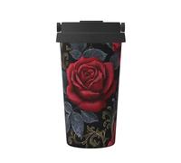 Taza de café aislada de acero inoxidable con diseño gótico de rosas rojas oscuras con hojas negras para agua fría y caliente