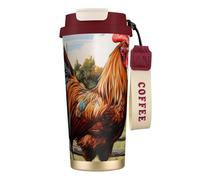 Taza de café aislada de acero inoxidable con estampado de gallo en madera en tierras agrícolas, taza de café para viajes, camping, vaso de café para hombres y mujeres