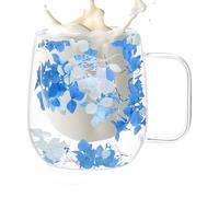 Taza de café aislada de doble pared con diseño de flores secas, taza transparente resistente al calor | Taza de té aislada de doble capa de 200 ml con asa, cuenco de bebidas de vidrio para agua, zumo