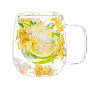 Taza de café aislada de doble pared con diseño de flores secas, taza transparente resistente al calor | Taza de té aislada de doble capa de 200 ml con asa, cuenco de bebidas de vidrio para agua, zumo