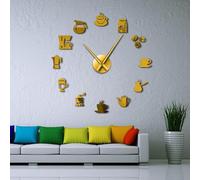 Taza de café, arte de pared, cafetería, reloj de pared gigante, cafetería, casa, calcomanías decorativas, manecillas grandes, sin marco, reloj grande (dorado, 47 pulgadas)