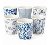 Taza de café Cerámica Sin Oreja Juego de 6 - Tazas de café de cerámica 200 ml - Azul Blanco apilable - Tazas de café para Espresso, Lungo, Capuchino, Café y Té