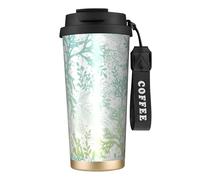 Taza de café con aislamiento al vacío de 18 onzas con estampado de algas marinas azules verdes, con popote y tapa, taza de viaje para bebidas frías y calientes