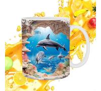 Taza de café con delfín 3D - Bonitas tazas de cerámica pintada plana 3D, novedosa taza de café de cerámica de 325 ml, regalo de vacaciones y cumpleaños para los amantes del té con leche
