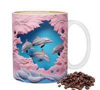 Taza de café con delfines 3D - 3D planas pintadas lindas tazas de café de cerámica, novedoso, 325 ml, para los amantes del té de la leche, tazas de cerámica para hombres y mujeres