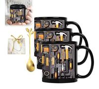 Taza de café con diseño de caja de herramientas, taza mecánica de cerámica de 11 oz con impresión de herramientas 3D e incluye cuchara de metal, for uso en el hogar, la oficina o la cocina(3pcs)