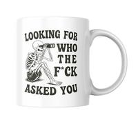 Taza de café con diseño de calavera, regalo cínico para colegas, diseño de esqueleto sarcástico, para hombres y mujeres (Looking for who the f*ck asked you)