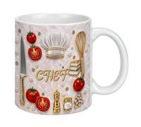 Taza de café con diseño de corona de sombrero de chef con utensilios de cocina, taza de cerámica 2D, herramientas de cocina, tenedor, cuchara, batidor, taza temática, regalo único de chef para hombres