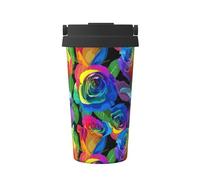Taza de café con diseño de rosas multicolores, con un solo botón, protección del medio ambiente y salud, de acero inoxidable, portátil, para conservar el calor y el frío, se utiliza para viajar con