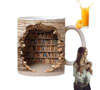 Taza de café con diseño plano 2D de 350 ml, taza de cerámica para mujeres, lectores, entusiastas del libro, club de libros, ratón de biblioteca, cumpleaños, bar, latte, cocina, Navidad