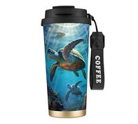 Taza de café con estampado de tortugas marinas con tapa a prueba de fugas, de acero inoxidable, reutilizable, aislada, taza de café de 500 ml