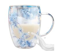 Taza De Café Con Flores Con Capa Aislada - 350 Ml, Taza De Café De Vidrio De Doble Pared, Mango Anti-escaldaduras | Tazas De Cons Aislamiento Térmico, Cristalería Resistente A Impactos Para Re