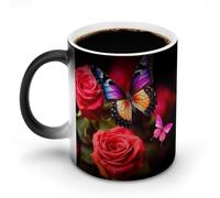 Taza de café con mariposa y rosa, taza que cambia de color, divertida taza de café, taza de café de cerámica, tazas de café novedosas, taza que cambia de color con el calor, taza de cerámica, tazas di