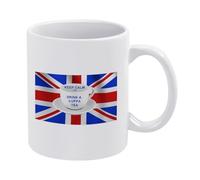Taza de café con texto en inglés "Keep Calm and Drink A Cuppa Tea" de cerámica blanca de 11 onzas con divertida cita británica y corazón de la bandera británica para los amantes del té, uso diario en