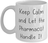 Taza de café con texto "Mantén la calma y deja que el farmacéutico se encargue", novedosa taza de café de cerámica con impresión de doble cara para mamá, papá, amigo, esposa, esposo, regalo de 11 oz