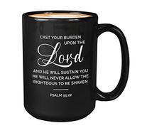 Taza de café con versículo bíblico de 425.2 g, color negro, con texto en inglés "Cast Your Burden", cristiano, religioso, Jesús, inspirador, fe, cruz, escritura, salmo, sacerdote espiritual