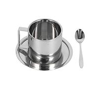Taza de café de 3pcs, taza de té de leche de doble pared de acero inoxidable con platillo y cuchara para café con leche, capuchino, leche, té (Set-280ml de doble capa europeo)