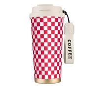 Taza de café de acero con estampado de cuadrados blancos a cuadros rojos, termo de café al aire libre, taza de camping con tapa a prueba de fugas, tazas portátiles para mantener el calor o el hielo
