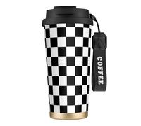 Taza de café de acero con estampado de rayas blancas y negras, termo de café al aire libre, taza de camping con tapa a prueba de fugas, tazas portátiles para mantener el calor o el hielo